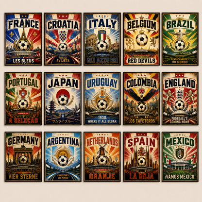World Cup football poster collection wall display featuring England Football's Coming Home, Argentina Campeones del Mundo, Brazil Pentacampeões do Mundo, Germany Vier Sterne, France Les Bleus and other international football nations in vintage sports poster style.