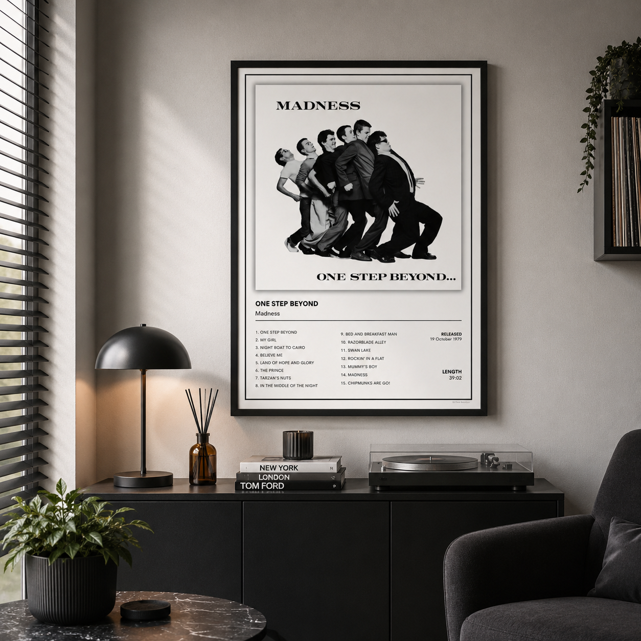 Madness One Step Beyond music poster inspired by the classic 2 Tone ska album, unframed wall art for living rooms, music rooms and home offices.