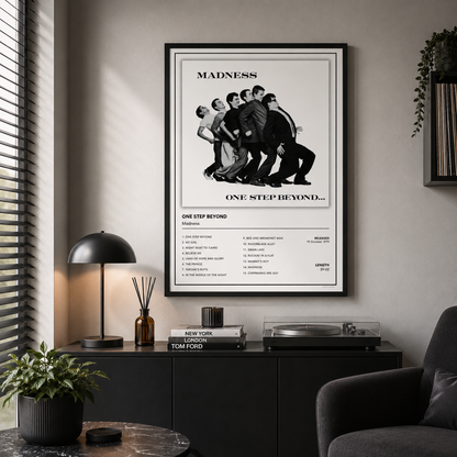 Madness One Step Beyond music poster inspired by the classic 2 Tone ska album, unframed wall art for living rooms, music rooms and home offices.