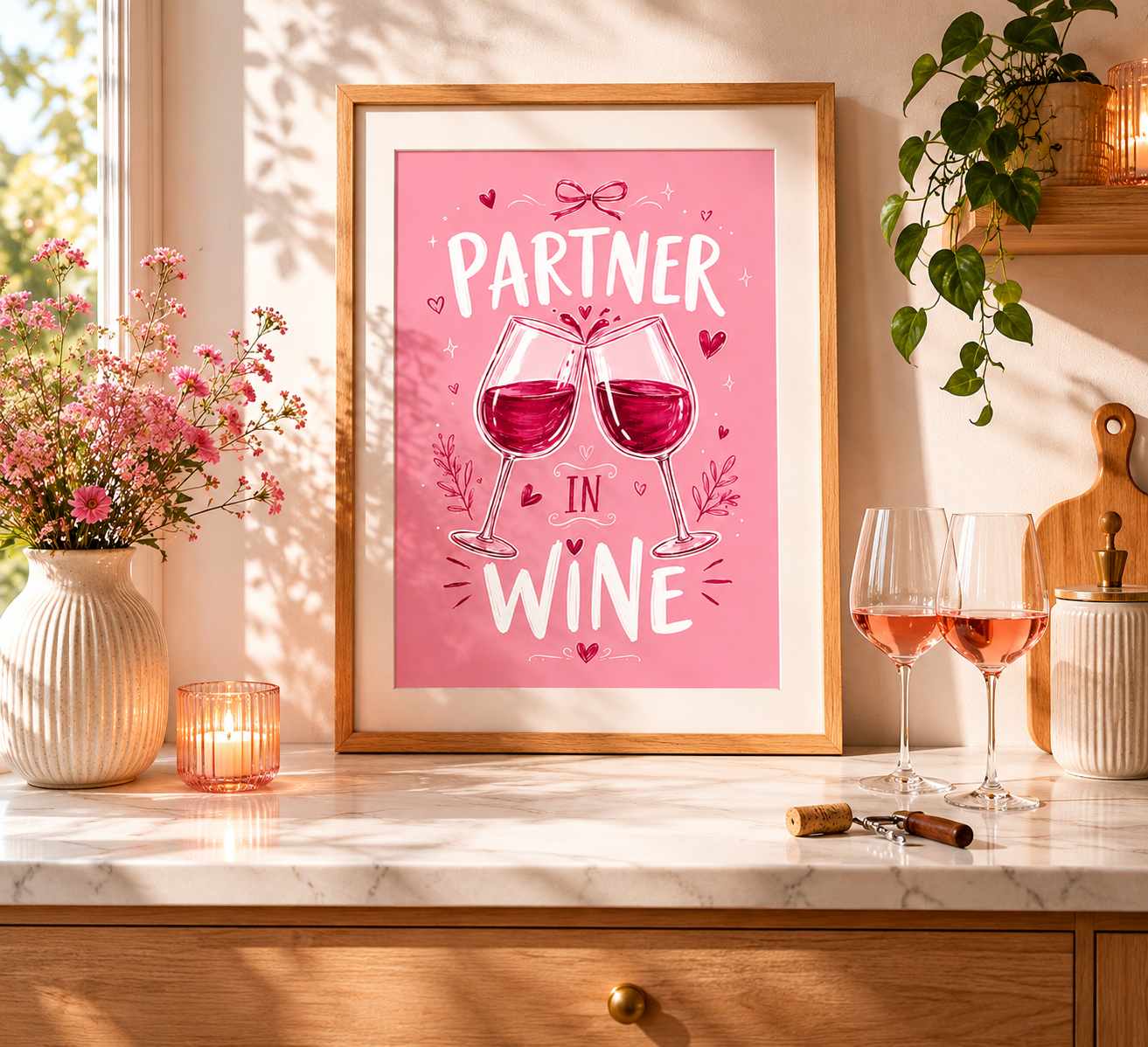 Pink wine themed wall decor for home bars, kitchens and dining rooms featuring Partner In Wine quote.