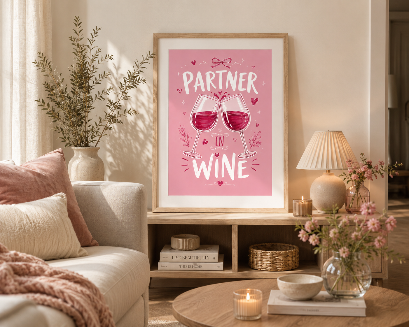 Funny Partner In Wine kitchen wall art featuring pink wine glasses and romantic typography.