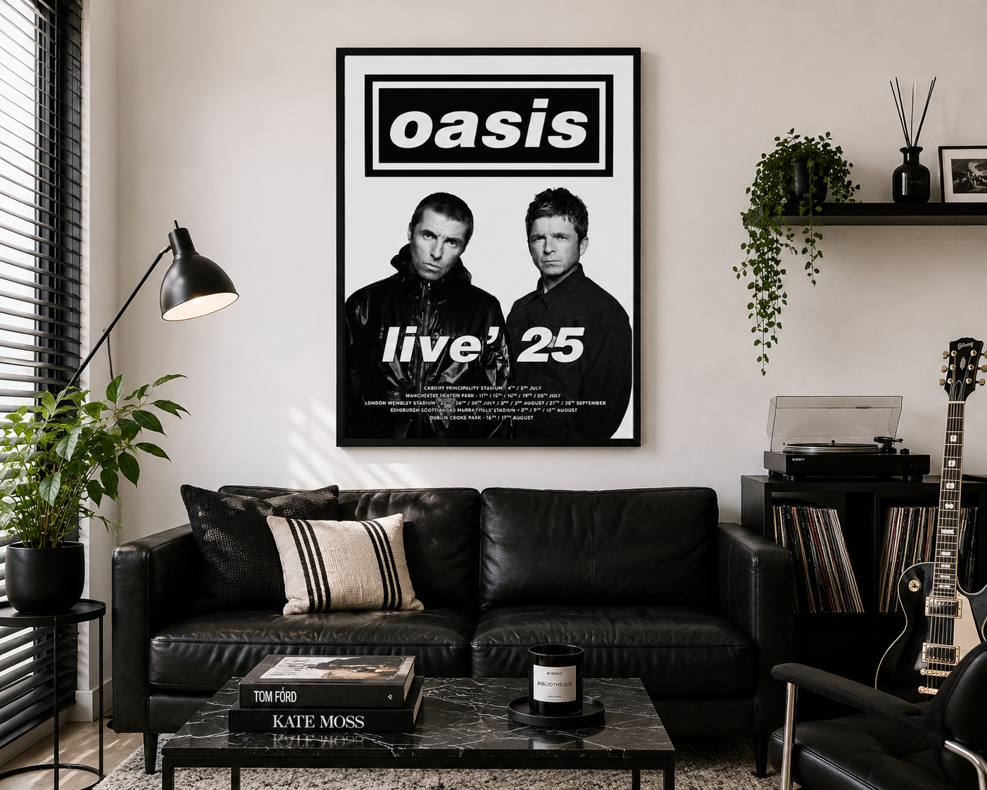 Monochrome Oasis-inspired Britpop wall art hanging above a black leather sofa in a contemporary music-themed interior.