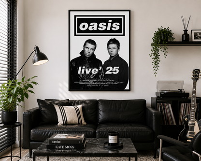 Monochrome Oasis-inspired Britpop wall art hanging above a black leather sofa in a contemporary music-themed interior.