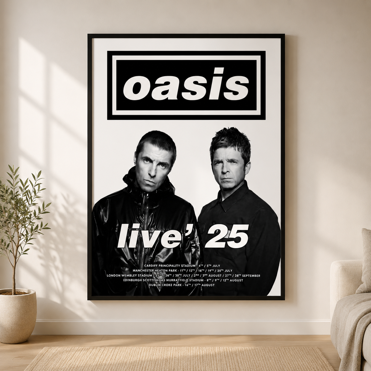 Premium Oasis Live '25 concert-style poster print with black frame in a stylish modern home.