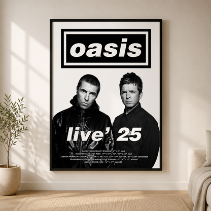 Premium Oasis Live '25 concert-style poster print with black frame in a stylish modern home.