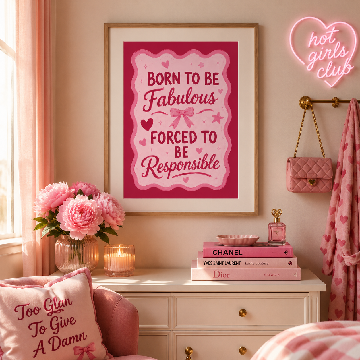 Pink coquette gallery wall featuring Born To Be Fabulous Forced To Be Responsible quote print