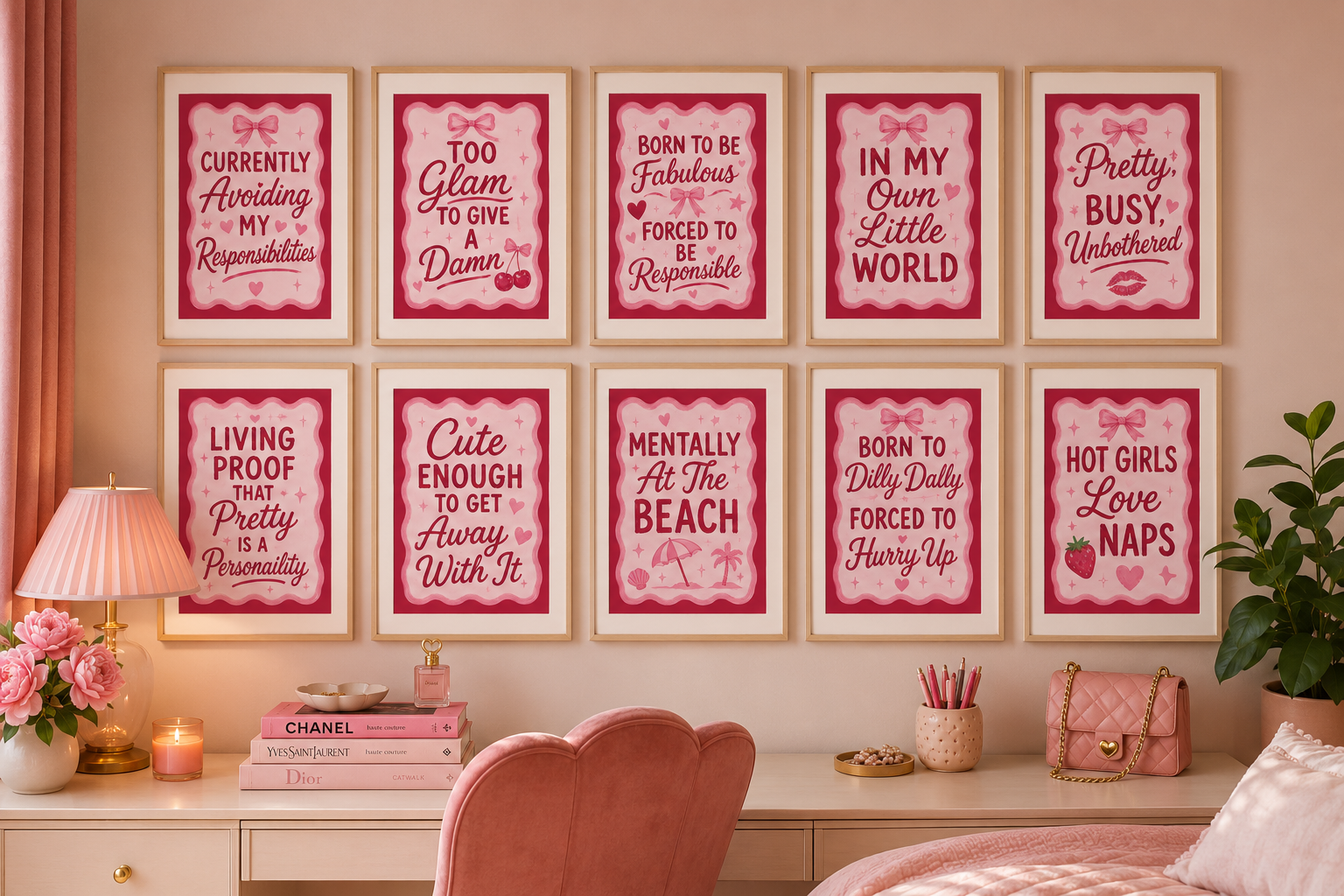 Hot Girls Club Collection pink coquette wall art gallery wall featuring matching quote prints