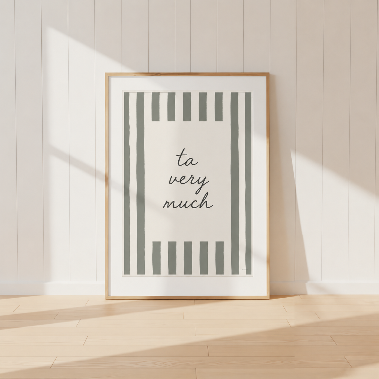 Ta Very Much Manchester wall art print featuring modern typography and sage green striped border design
