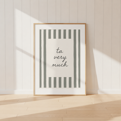 Ta Very Much Manchester wall art print featuring modern typography and sage green striped border design
