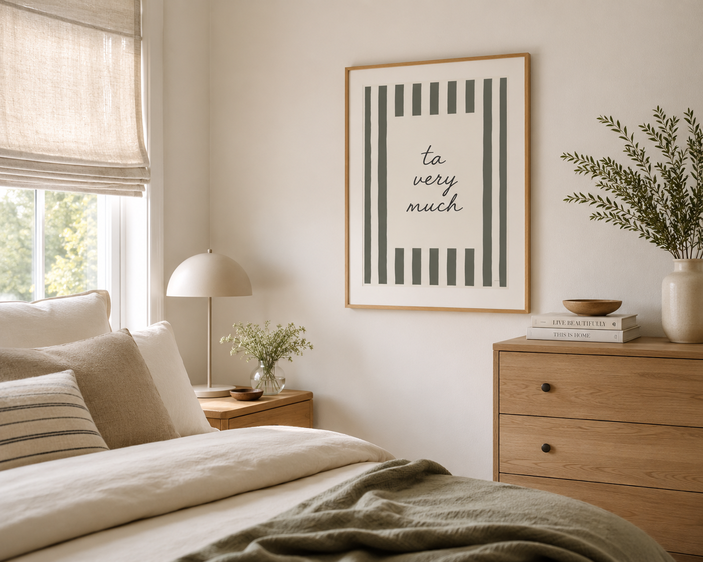 Mancunian quote poster displaying Ta Very Much in contemporary neutral home decor style