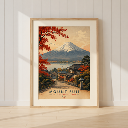 Mount Fuji travel poster featuring traditional Japanese village and autumn maple leaves.