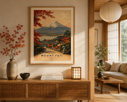 Vintage Japanese landscape wall art showing Mount Fuji overlooking a lakeside village.