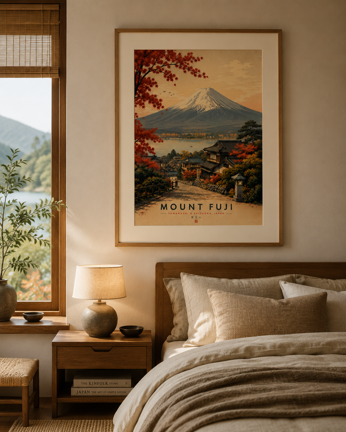Japanese travel poster print with Mount Fuji, traditional architecture and autumn scenery.