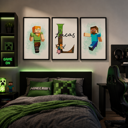 Personalised Minecraft Name Print Set of 3 | Gaming Bedroom Wall Art