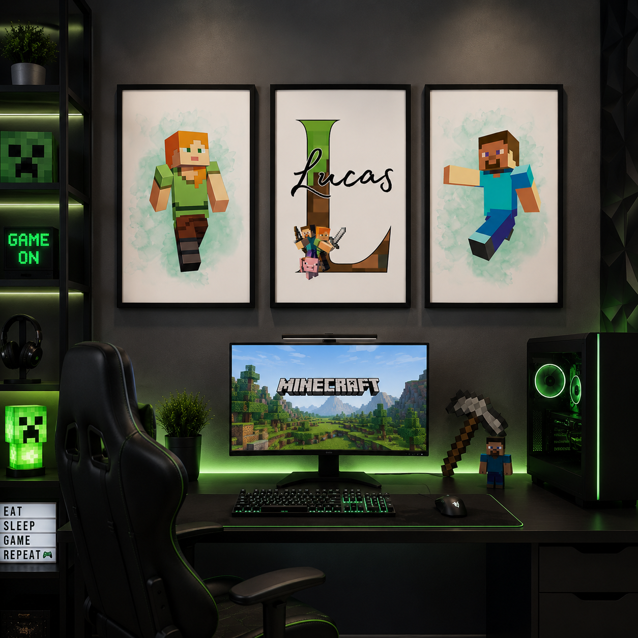 Personalised Minecraft Name Print Set of 3 | Gaming Bedroom Wall Art