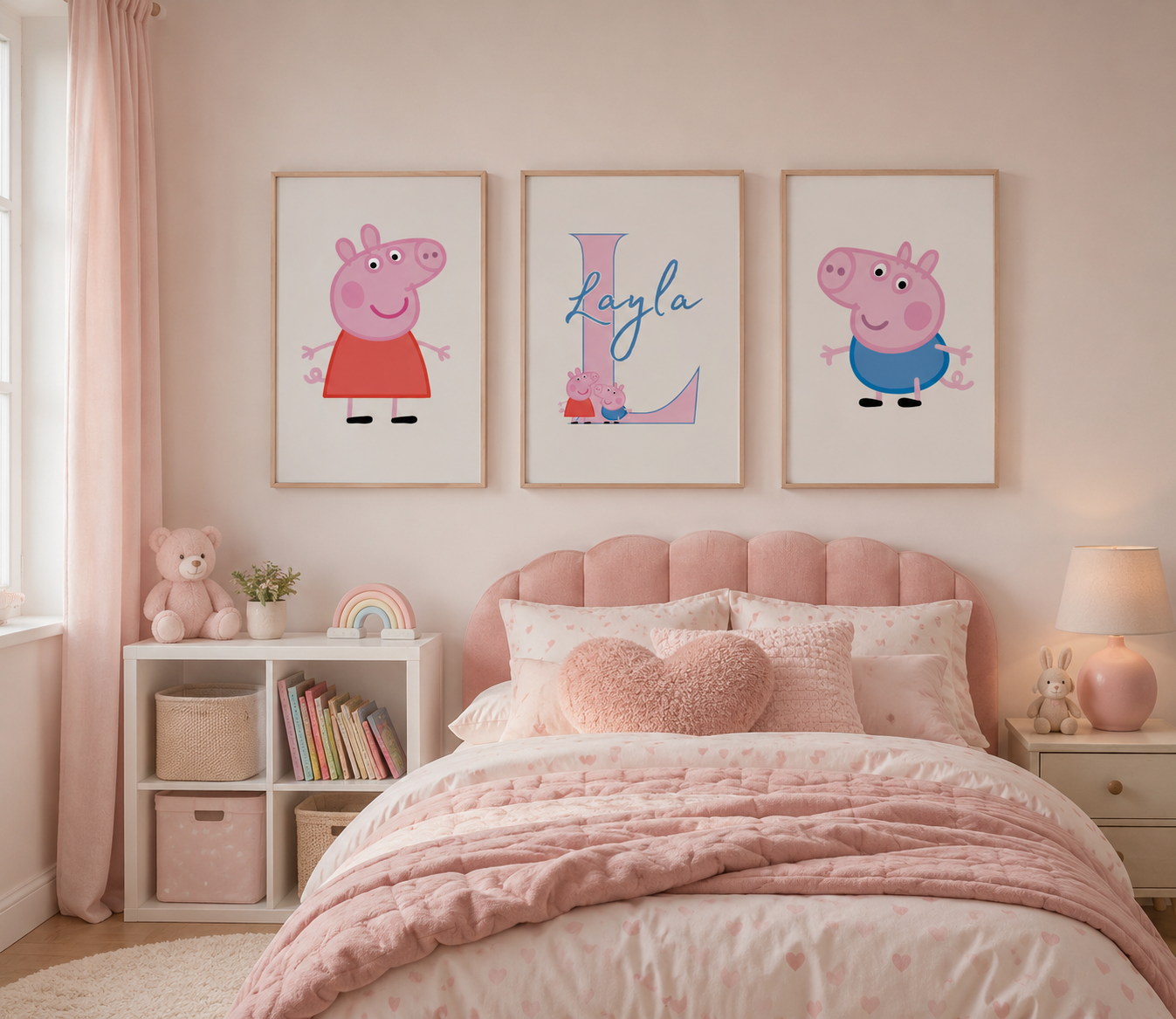 Personalised Pink Peppa Pig Character Wall Art Set of 3 | Girls Bedroom Prints