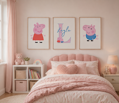 Personalised Pink Peppa Pig Character Wall Art Set of 3 | Girls Bedroom Prints