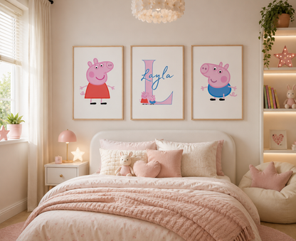 Personalised Pink Peppa Pig Character Wall Art Set of 3 | Girls Bedroom Prints