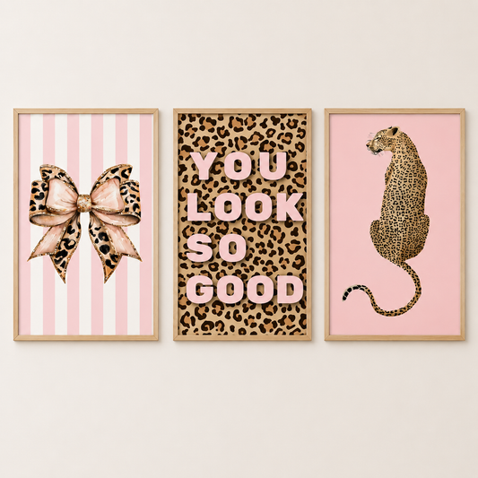 Pink Leopard Bow Wall Art Set | Coquette Glam Bedroom Prints