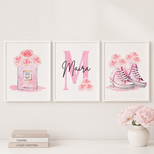 Pink Coquette Wall Art Set | Personalised Girls Bedroom Prints | Luxury Pink Decor
