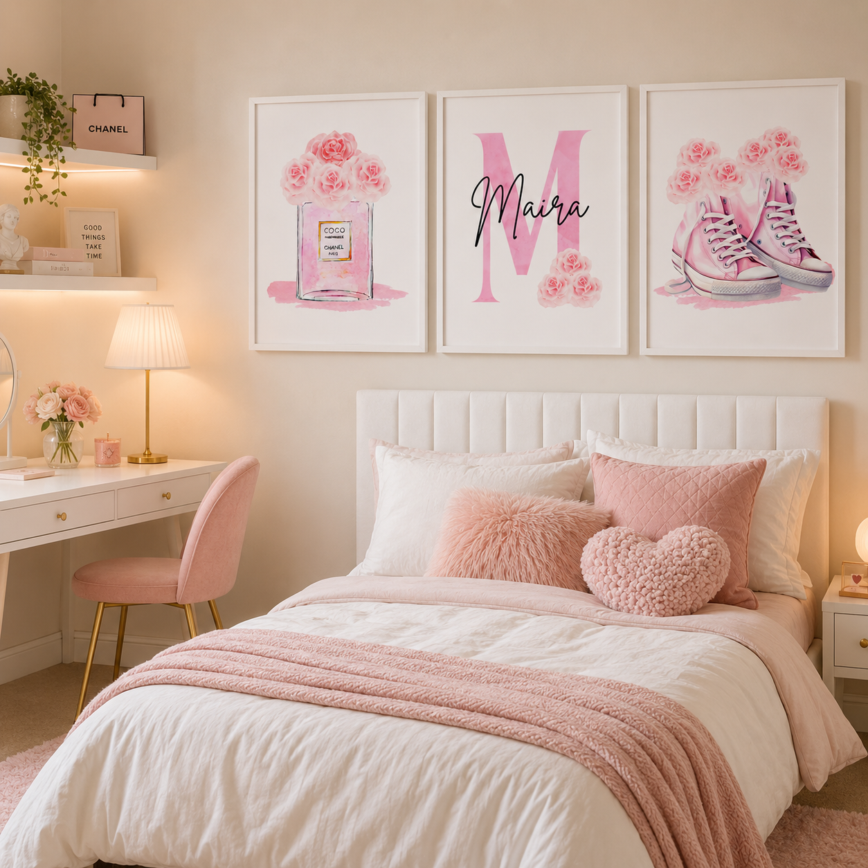 Pink Coquette Wall Art Set | Personalised Girls Bedroom Prints | Luxury Pink Decor