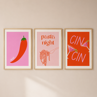 Pink Kitchen Wall Art Set of 3 | Pasta Night & Cocktail Prints | Modern Dining Decor