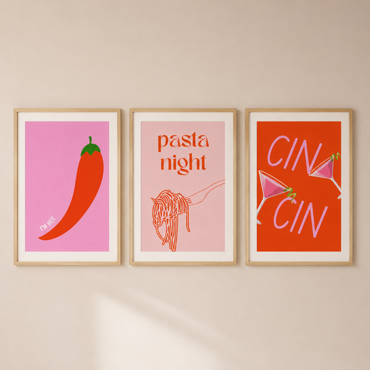 Pink Kitchen Wall Art Set of 3 | Pasta Night & Cocktail Prints | Modern Dining Decor