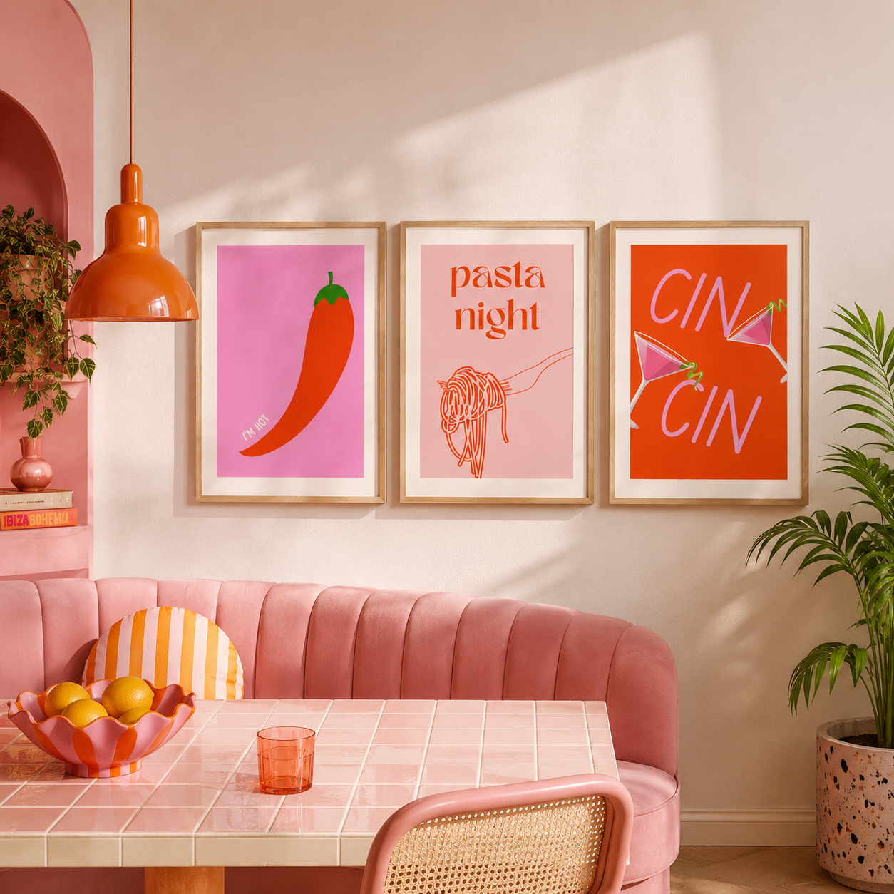 Pink Kitchen Wall Art Set of 3 | Pasta Night & Cocktail Prints | Modern Dining Decor