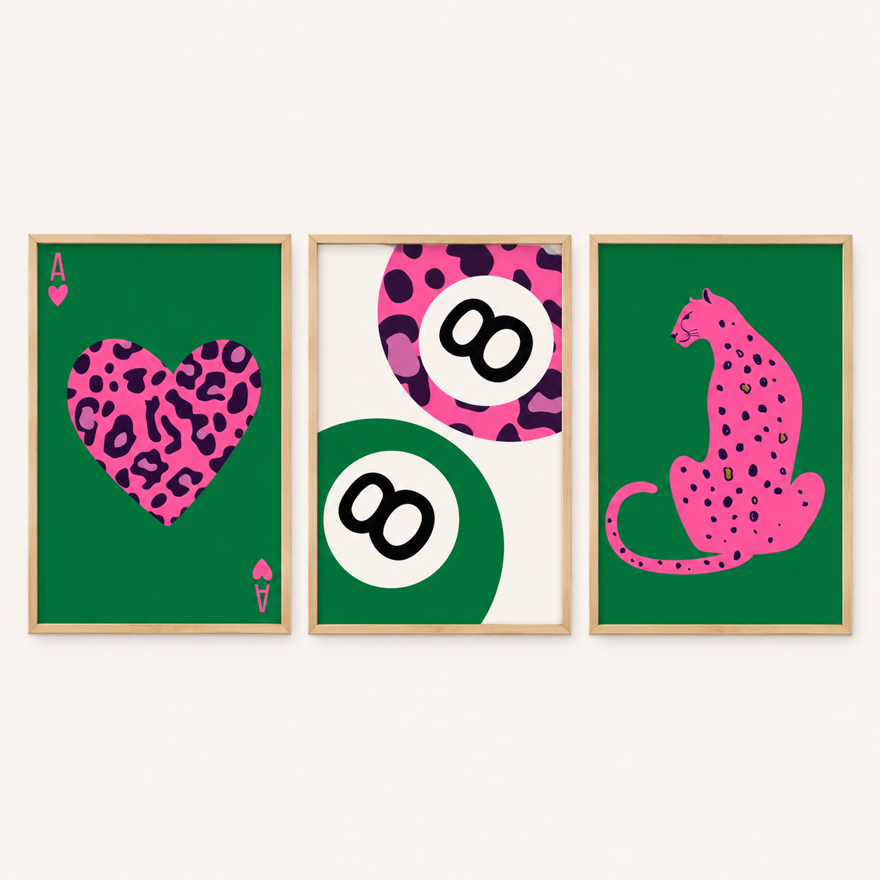 Pink Green Leopard Wall Art Set of 3 | Preppy Glam Bedroom Prints