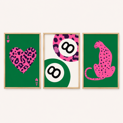Pink Green Leopard Wall Art Set of 3 | Preppy Glam Bedroom Prints
