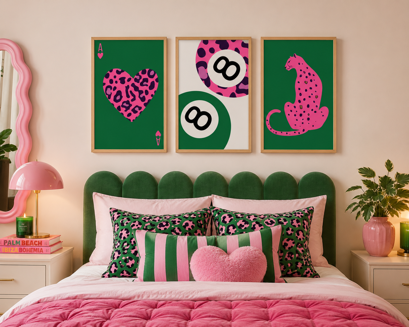 Pink Green Leopard Wall Art Set of 3 | Preppy Glam Bedroom Prints
