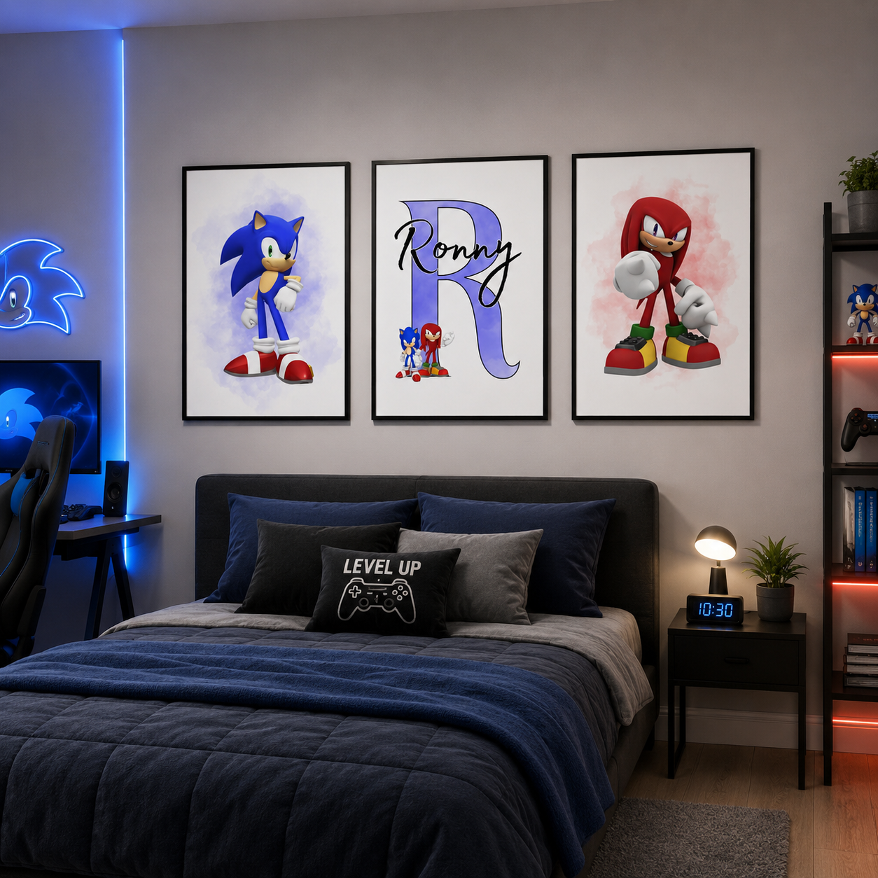 Personalised Sonic Wall Art Set of 3 | Gaming Bedroom Prints for Kids