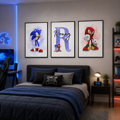 Personalised Sonic Wall Art Set of 3 | Gaming Bedroom Prints for Kids