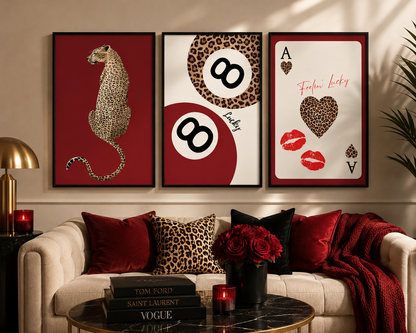 Red Leopard Wall Art Prints Set of 3 | Luxe Fashion Bedroom Poster Set