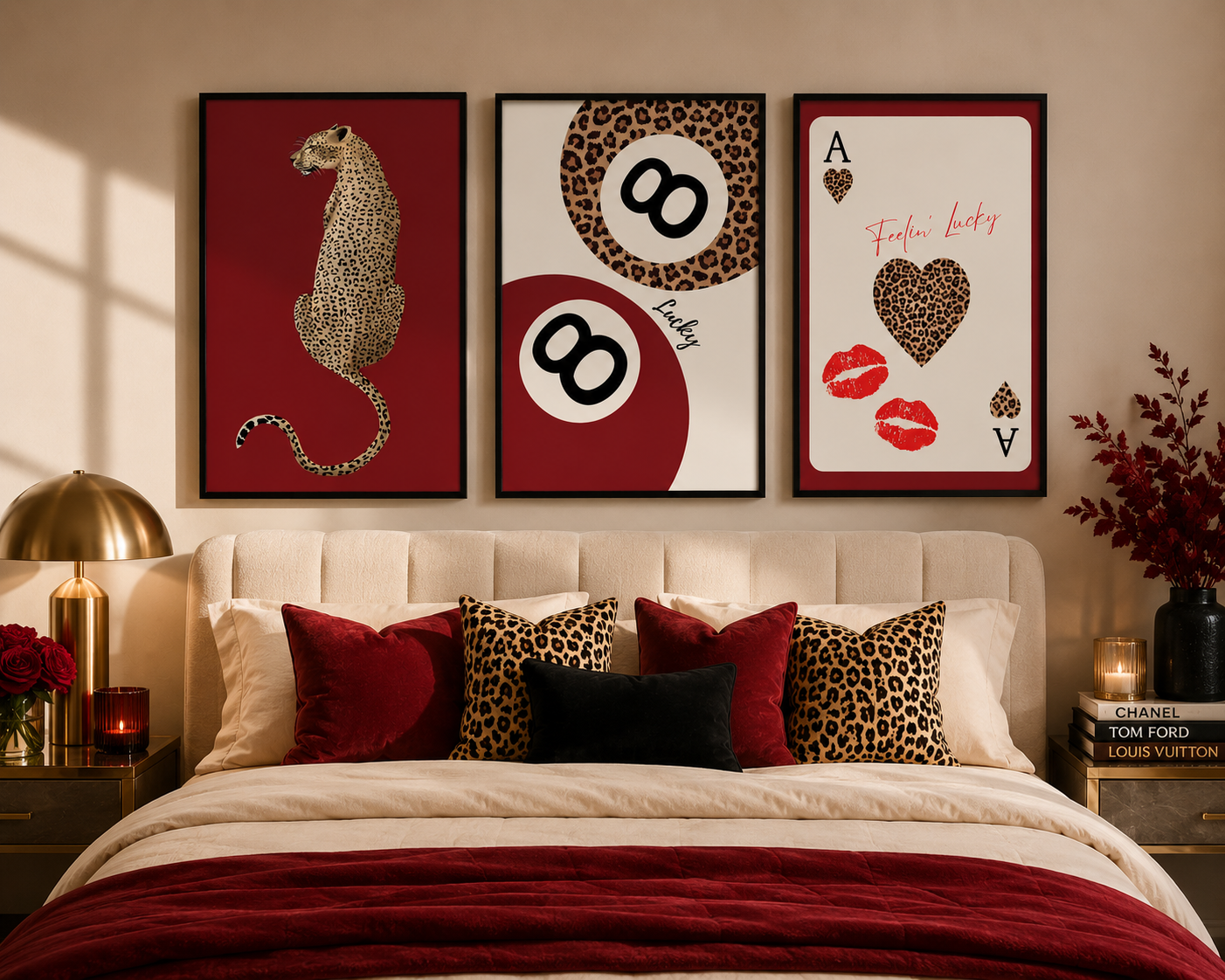 Red Leopard Wall Art Prints Set of 3 | Luxe Fashion Bedroom Poster Set