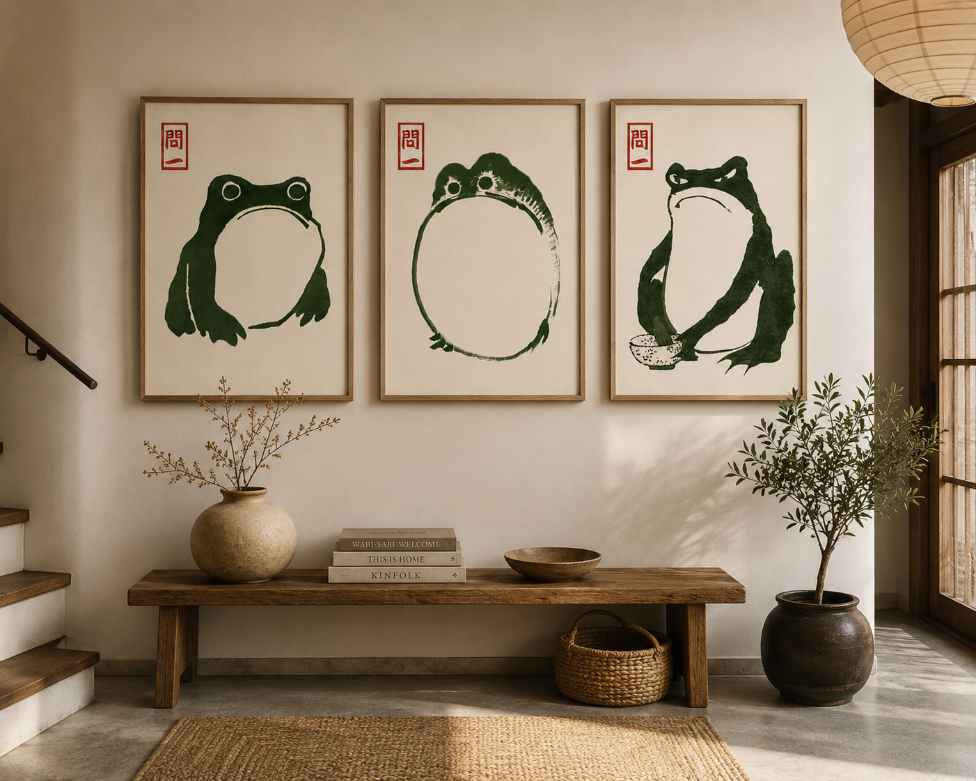 Japandi Frog Wall Art Set of 3 | Matsumoto Hoji Grumpy Toad Prints
