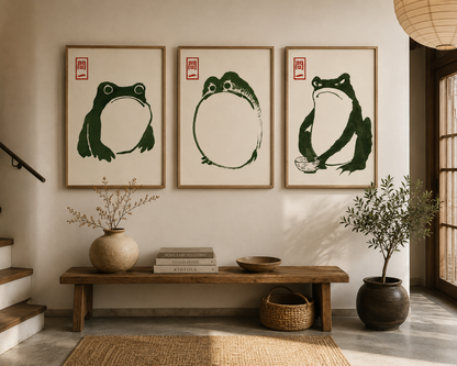 Japandi Frog Wall Art Set of 3 | Matsumoto Hoji Grumpy Toad Prints