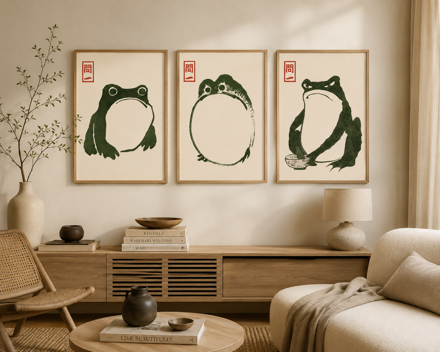 Japandi Frog Wall Art Set of 3 | Matsumoto Hoji Grumpy Toad Prints