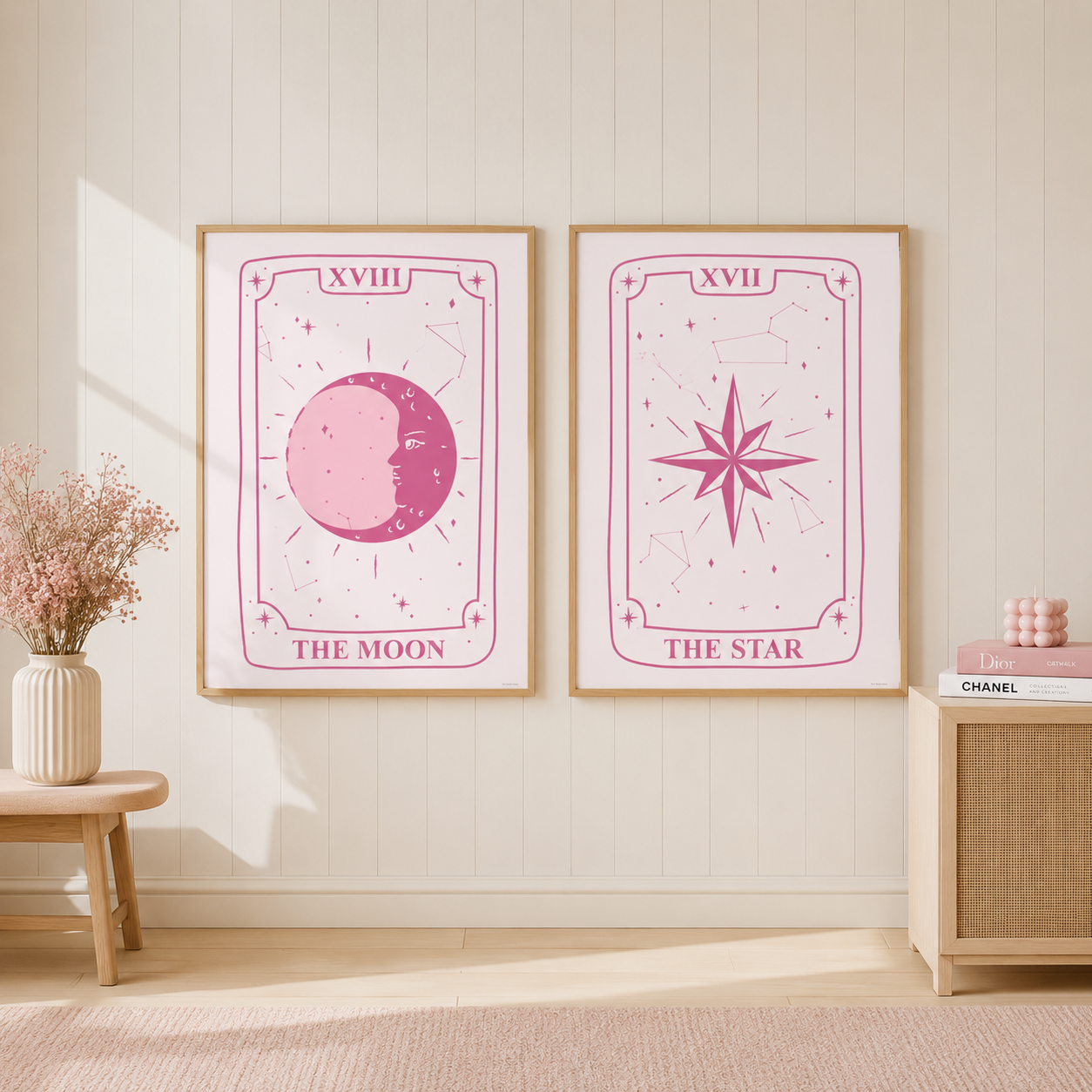 Pink Tarot Card Wall Art Set | The Moon & The Star Matching Prints
