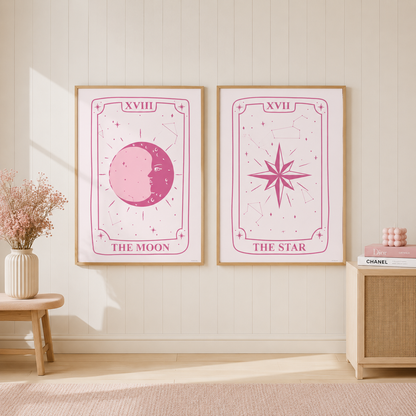 Pink Tarot Card Wall Art Set | The Moon & The Star Matching Prints