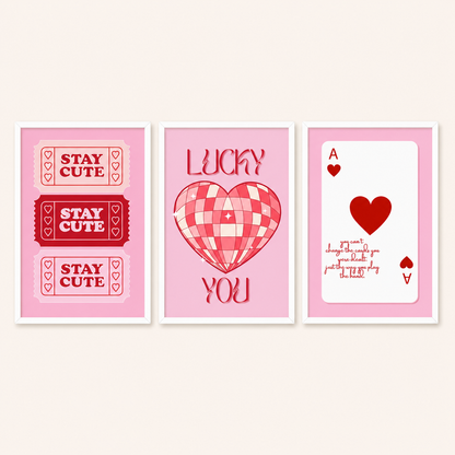 Pink Coquette Wall Art Set of 3 | Lucky Girl Bedroom Prints