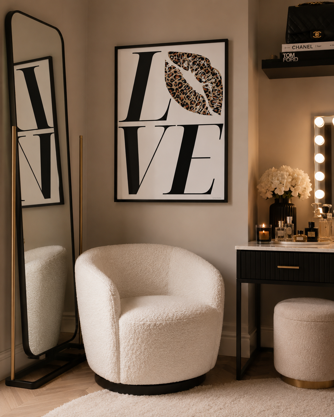 Modern black and white fashion wall art with leopard print lips and LOVE lettering, ideal for bedrooms and dressing rooms.