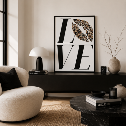 Glamorous leopard lips wall art print with contemporary typography, designed for beauty rooms and chic home decor. 🐆🖤💋