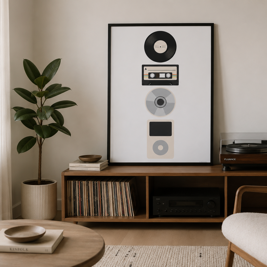 Retro Music Evolution Print – Vinyl, Cassette, CD & iPod Wall Art