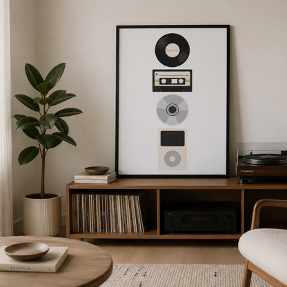 Retro Music Evolution Print – Vinyl, Cassette, CD & iPod Wall Art
