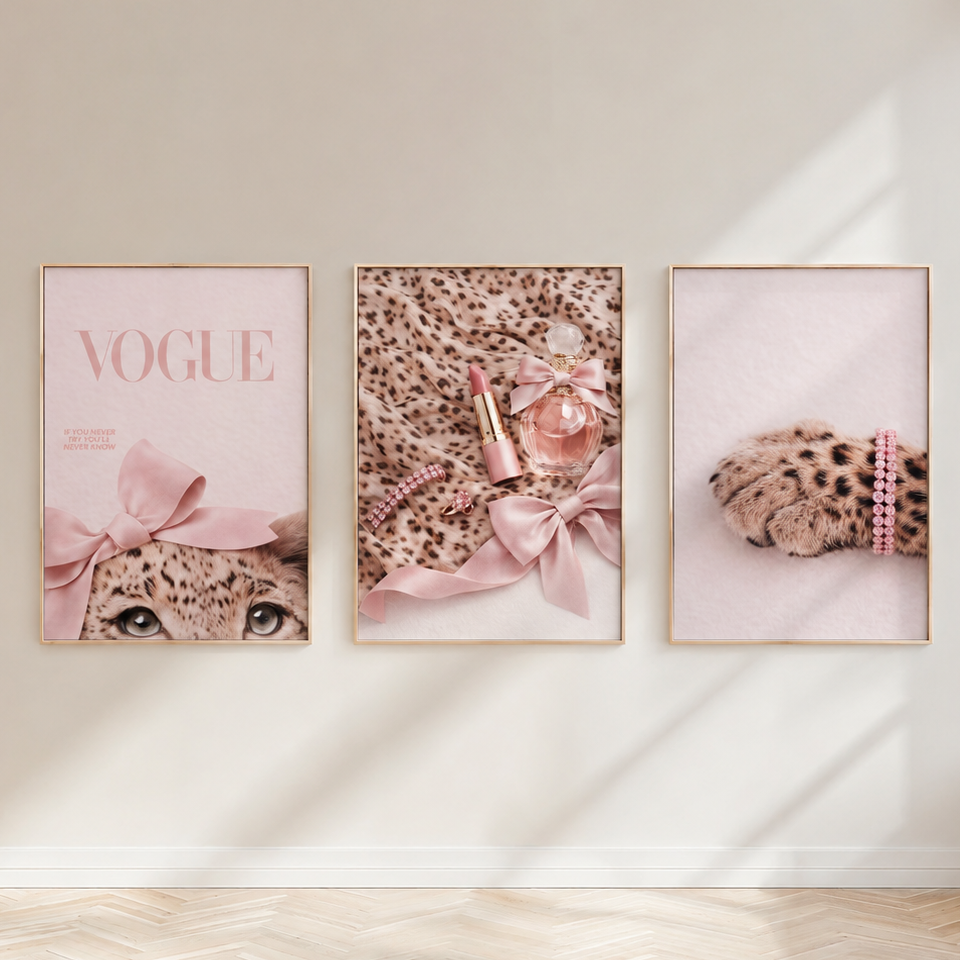 Luxury pink leopard Vogue wall art set in thin champagne-beige frames above elegant neutral console table