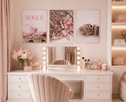Designer inspired leopard and bow wall art set styled in soft luxury feminine interior with champagne frames