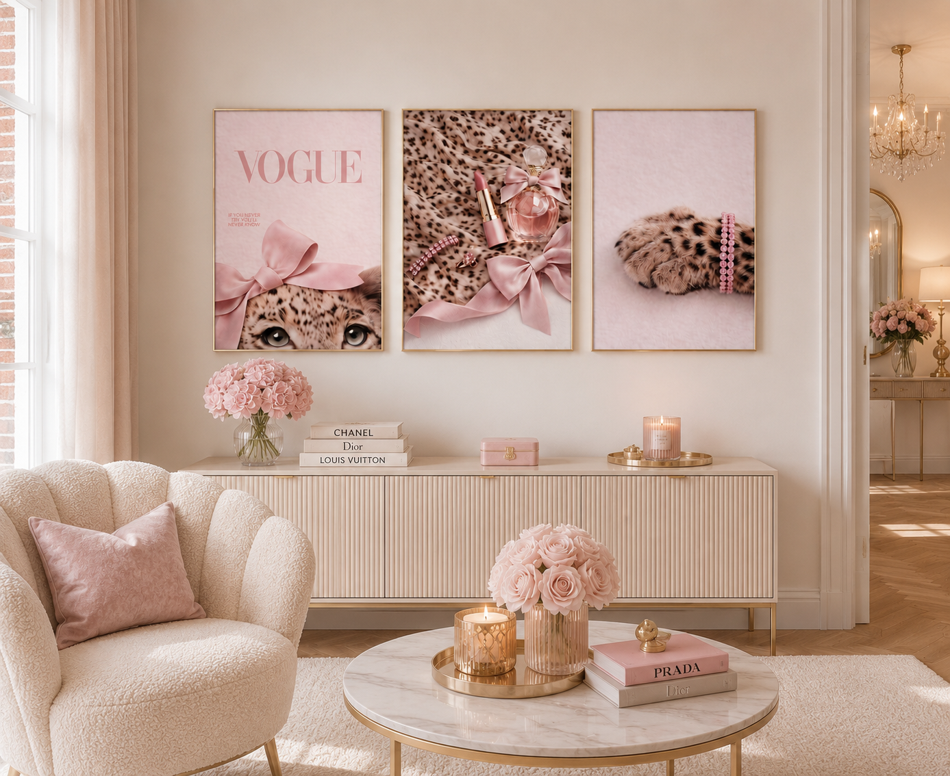Coquette glam fashion wall art prints in feminine blush pink living room with luxury neutral decor