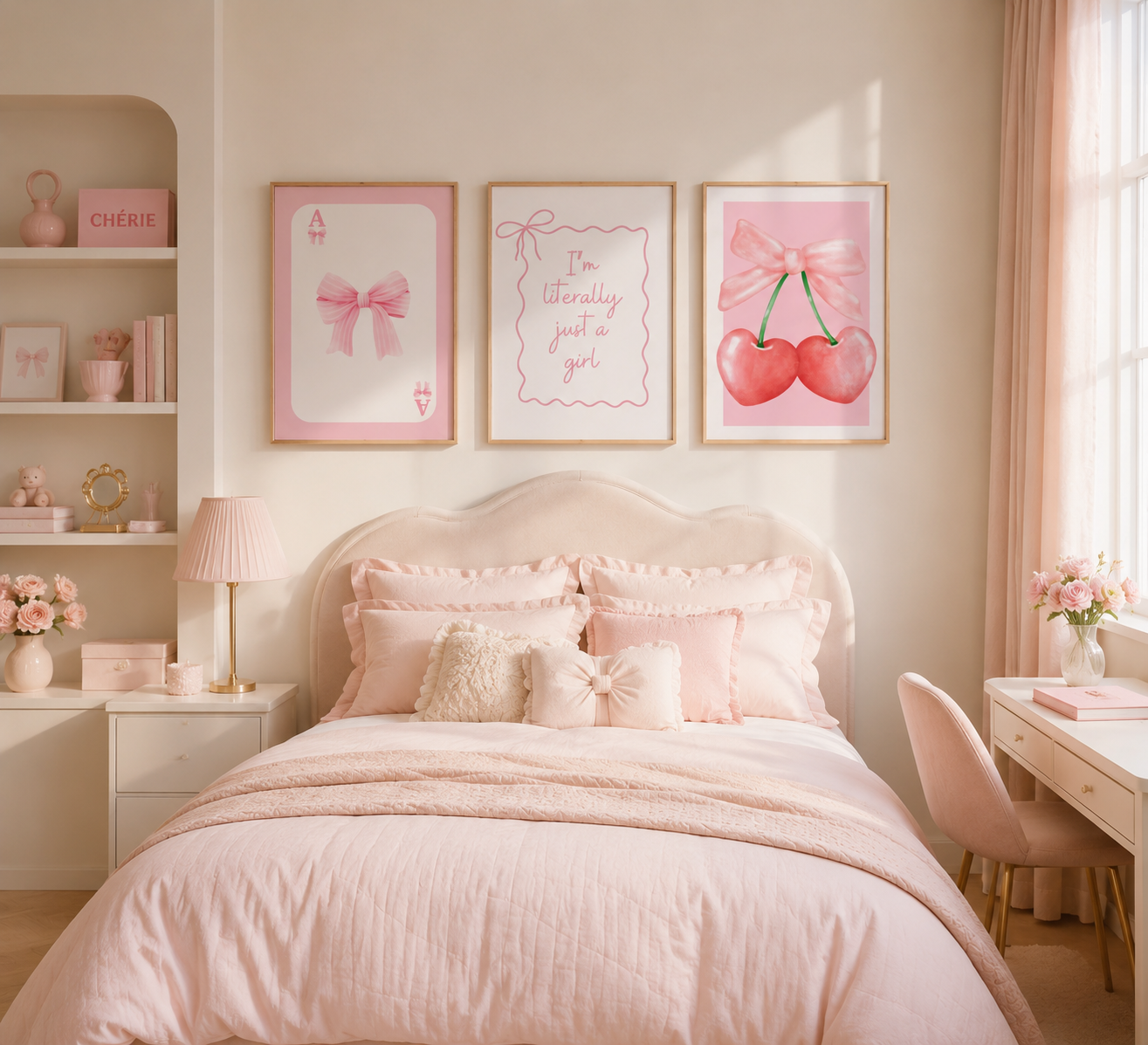 Coquette girls bedroom wall art set with pink bow and cherry prints in neutral oak frames.