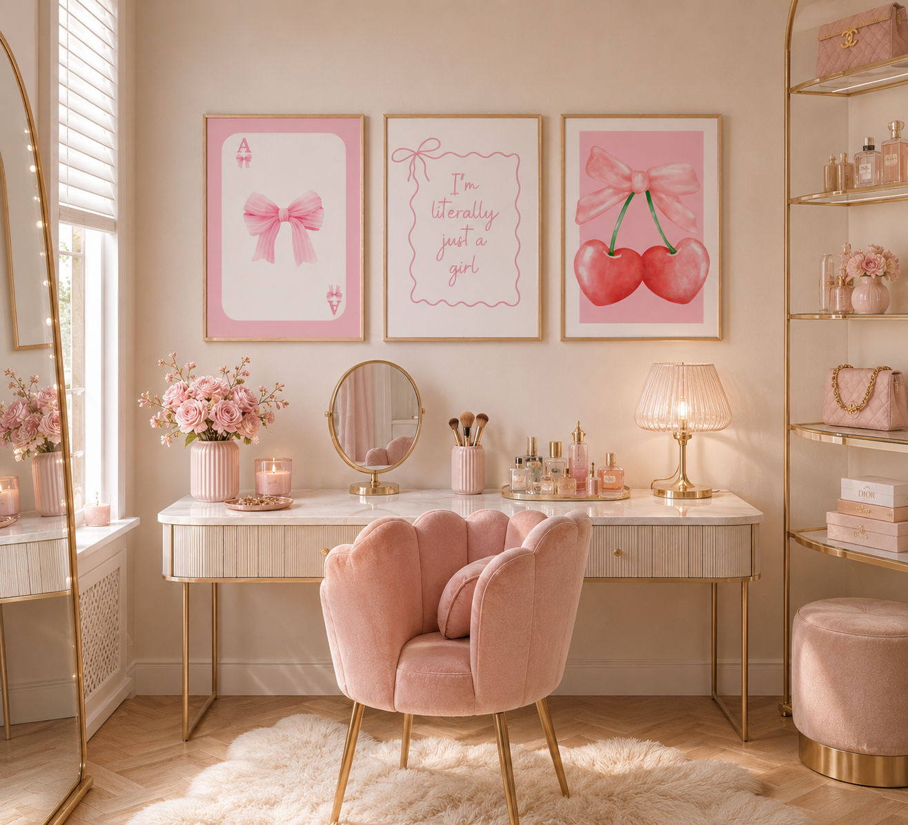 Luxury pink aesthetic wall art displayed above a feminine vanity table with blush decor and gold accents.